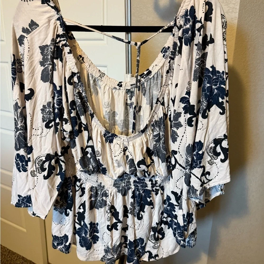 Free People White and Blue Floral Top